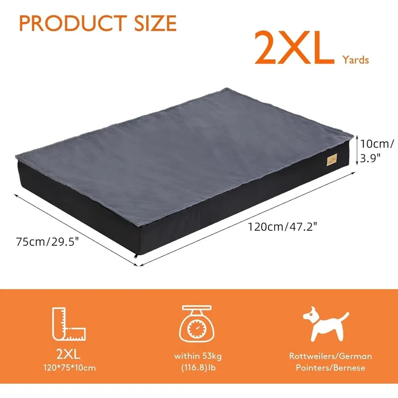Cama ortopédica para Cães Grandes, Lavável, Cobertura impermeável, Cinzento