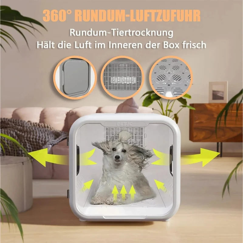 PETJC Secador Automático Para Gatos e Cães Pequenos, Secagem a 360°, 71 Litros de Capacidade, Controle Inteligente de Temperatura