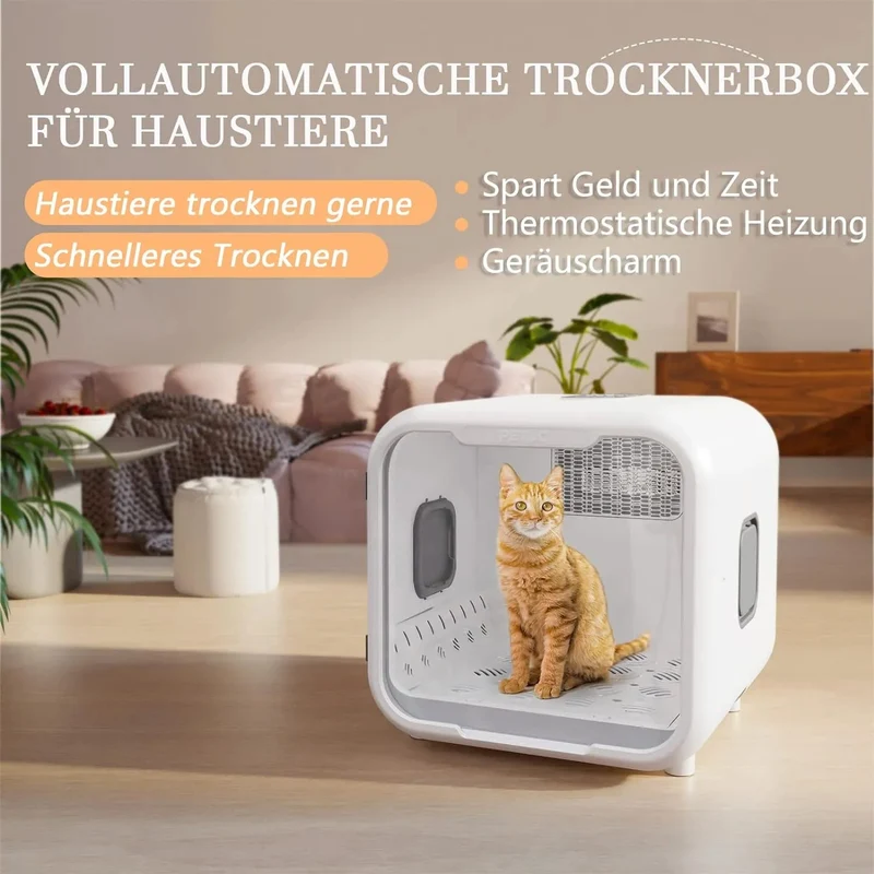PETJC Secador Automático Para Gatos e Cães Pequenos, Secagem a 360°, 71 Litros de Capacidade, Controle Inteligente de Temperatura