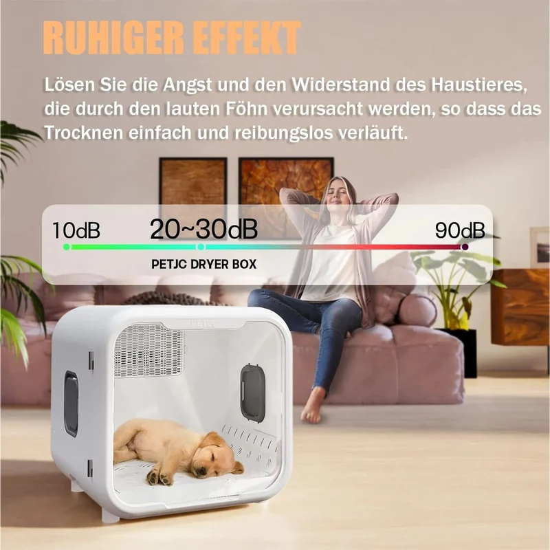 PETJC Secador Automático Para Gatos e Cães Pequenos, Secagem a 360°, 71 Litros de Capacidade, Controle Inteligente de Temperatura