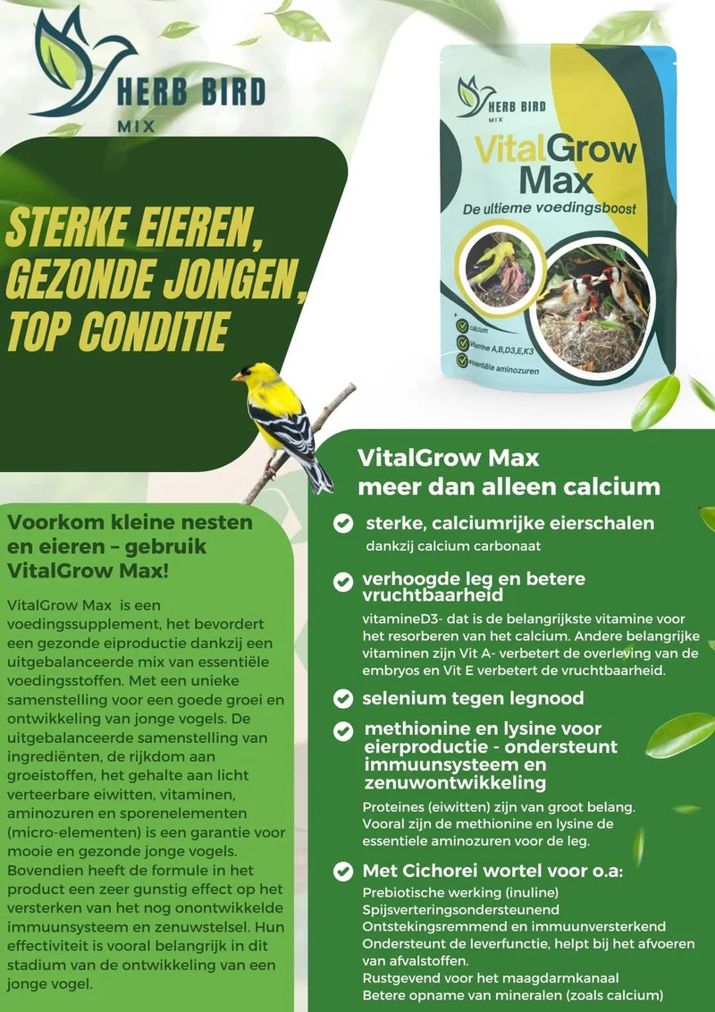 VitalGrow Max 500 g – Kalzium, Vitamine und essentielle Aminosäuren – Kräuter-Vogelfuttermischung