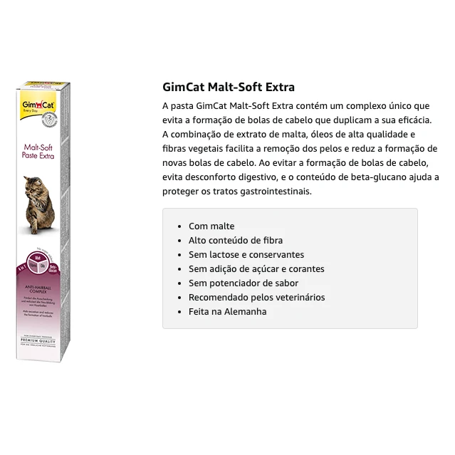 GimCat Malt-Soft Extra, pasta com malte - Anti-Hairball snack para gatos favorece a excreção de bolas de pelo