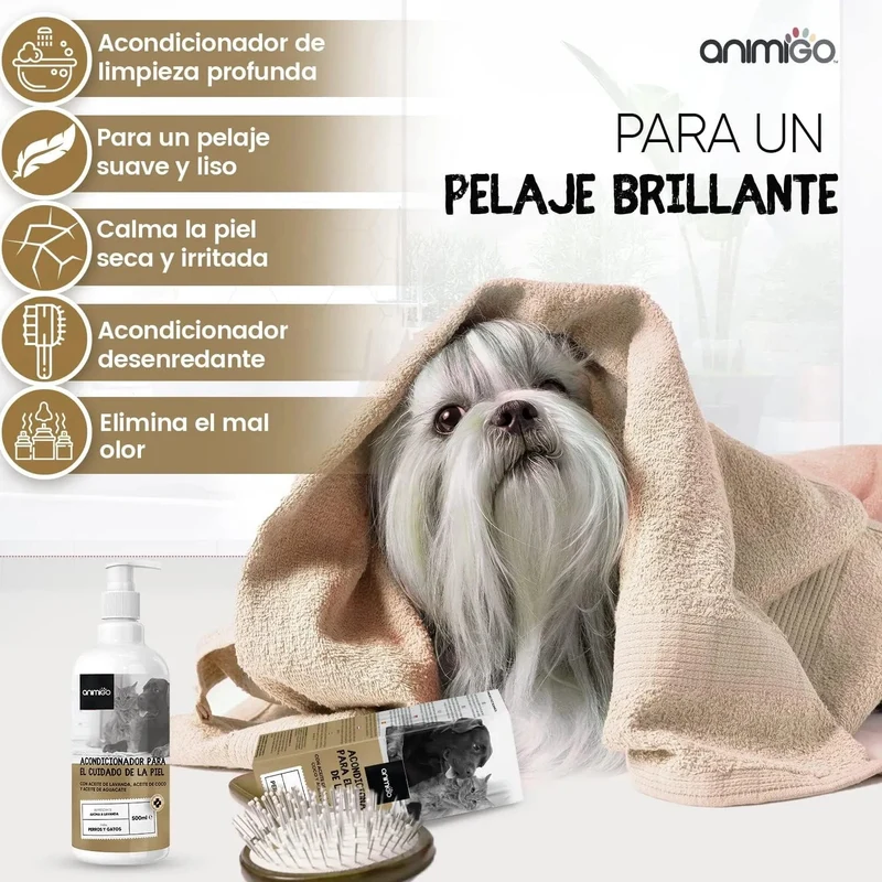 Condicionador para cães e gatos (500 ml) - Hidratante e Desembaraçante para peles sensíveis, suave para todos os tipos de pêlo e raças, hipoalergénico com óleo de côco e lavanda
