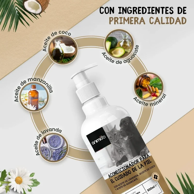 Condicionador para cães e gatos (500 ml) - Hidratante e Desembaraçante para peles sensíveis, suave para todos os tipos de pêlo e raças, hipoalergénico com óleo de côco e lavanda
