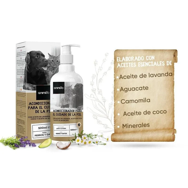 Condicionador para cães e gatos (500 ml) - Hidratante e Desembaraçante para peles sensíveis, suave para todos os tipos de pêlo e raças, hipoalergénico com óleo de côco e lavanda