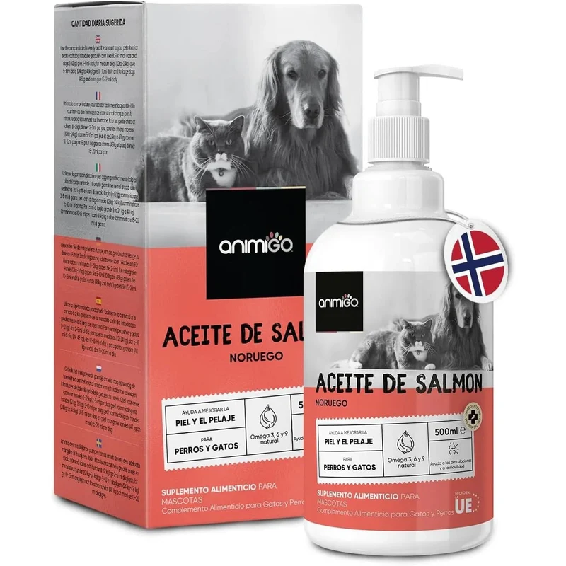 Óleo de salmão para cães e gatos (500 ml) - natural, salmão norueguês - suplemento Barf para cães e gatos com Omega 3, Omega 6 e Omega 9, pelo com mais brilho, pele saudável e hidratada, para articulações