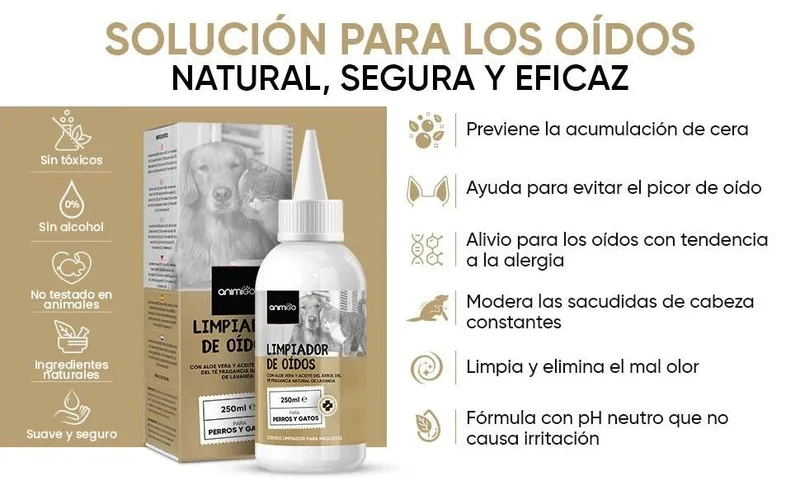Limpador de ouvidos para cães e gatos (250 ml em gotas) - natural, com aloé vera e lavanda, sem álcool