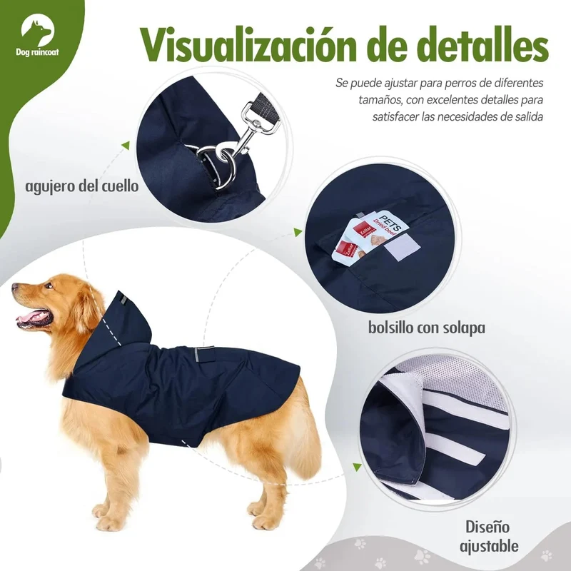 Impermeável para cães médios e grandes com capuz e gola, tiras refletoras de segurança, tecido ultraleve, respirável