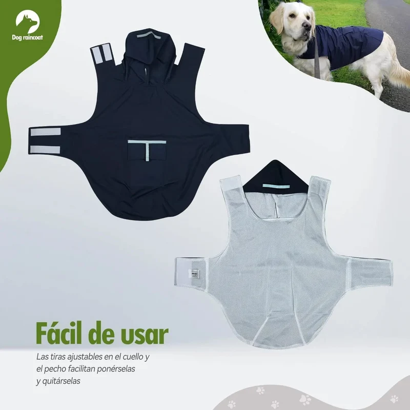 Impermeável para cães médios e grandes com capuz e gola, tiras refletoras de segurança, tecido ultraleve, respirável