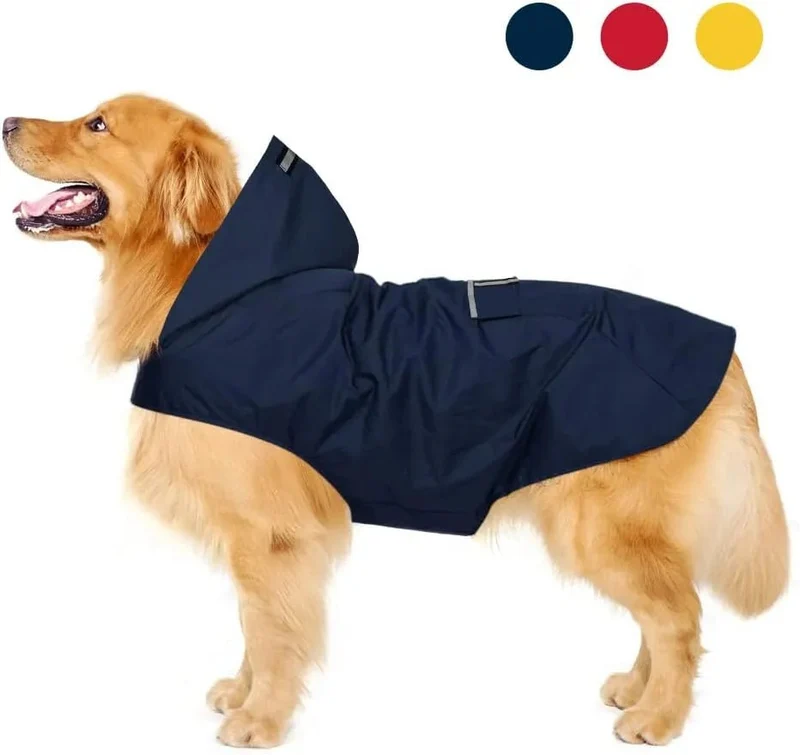 Impermeável para cães médios e grandes com capuz e gola, tiras refletoras de segurança, tecido ultraleve, respirável