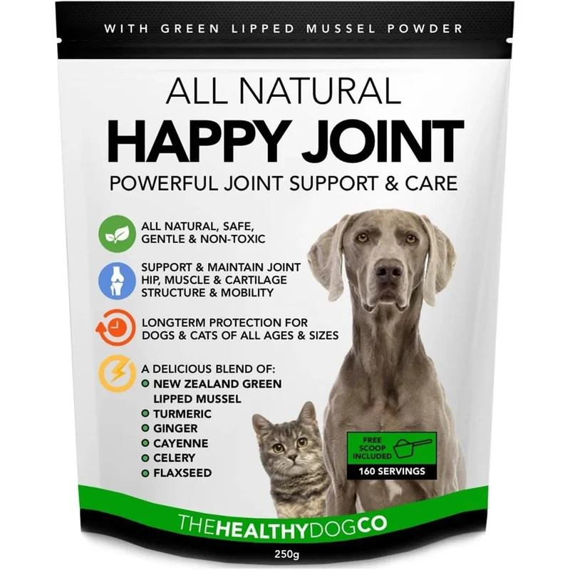 Happy Joint 100% Cuidado natural para cães e gatos - com açafrão e mexilhão de lábios verdes - melhor que os suplementos para articulações com glucosamina (160 Doses)