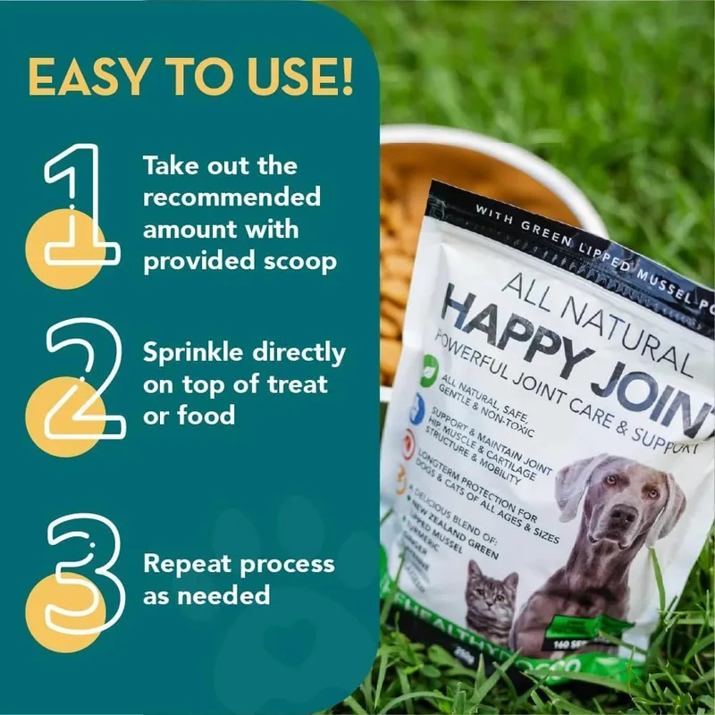 Happy Joint 100% Cuidado natural para cães e gatos - com açafrão e mexilhão de lábios verdes - melhor que os suplementos para articulações com glucosamina (160 Doses)