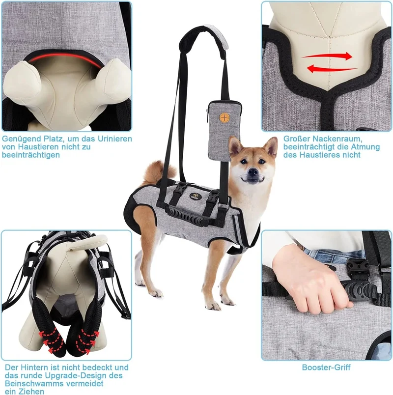 Arnês de elevação para cães, arnês de corpo inteiro cão, arnês de apoio para cães, macio, impermeável, ajustável, refletor, respirável, cinzento