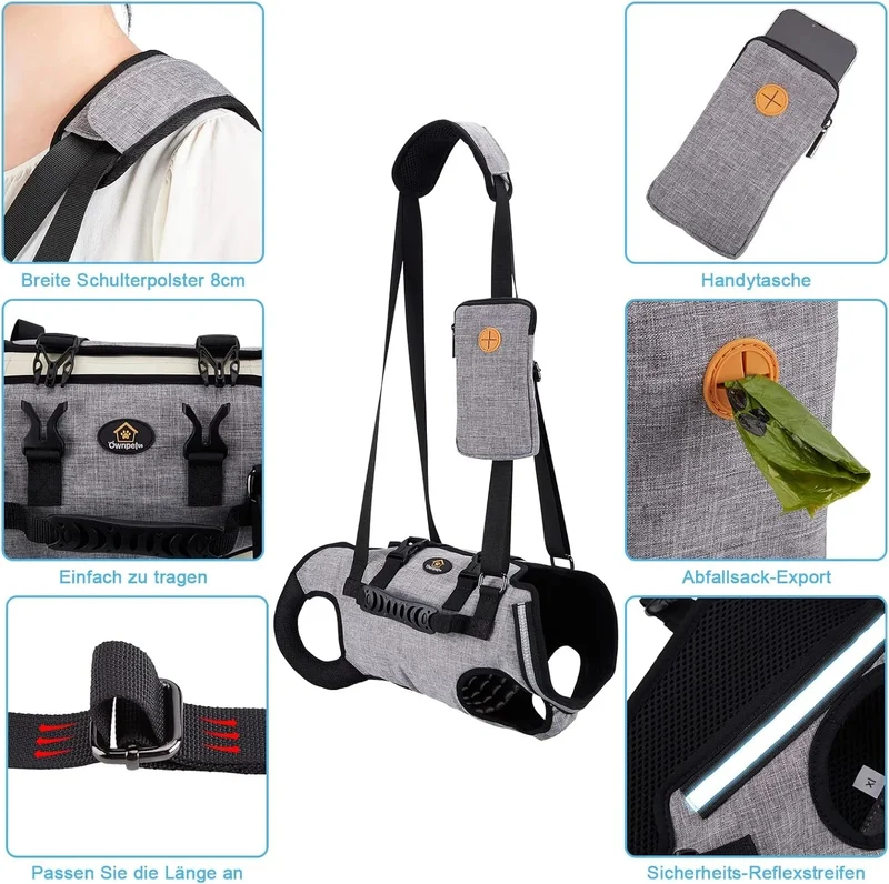 Arnês de elevação para cães, arnês de corpo inteiro cão, arnês de apoio para cães, macio, impermeável, ajustável, refletor, respirável, cinzento
