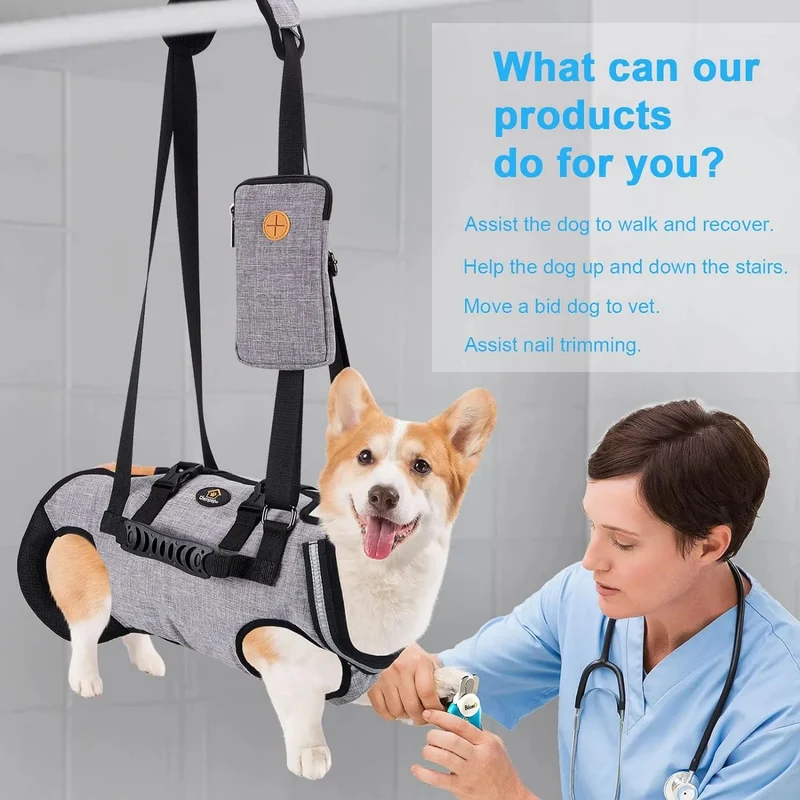 Arnês de elevação para cães, arnês de corpo inteiro cão, arnês de apoio para cães, macio, impermeável, ajustável, refletor, respirável, cinzento
