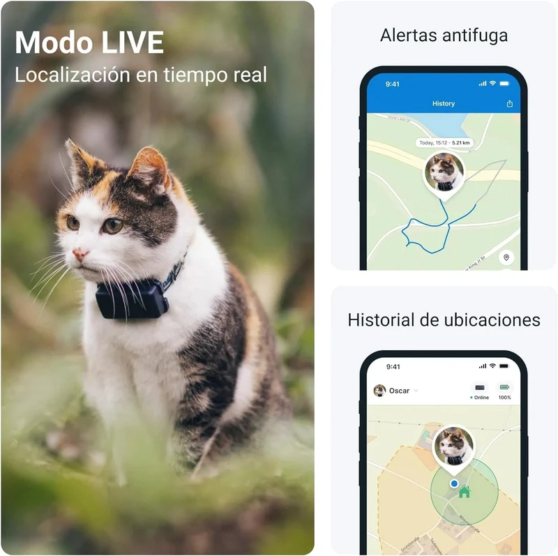 Coleira GPS para Gatos, atualizações de localização 24 horas por dia, 7 dias por semana e análise do território, alerta anti-fuga, distância ilimitada - Tractive CAT Mini