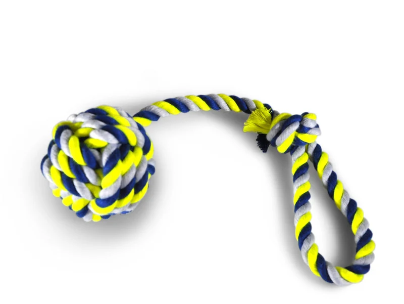 Baumwollschnur + Griff + Kugel Ø 10,5 cm blau-gelb 54 cm