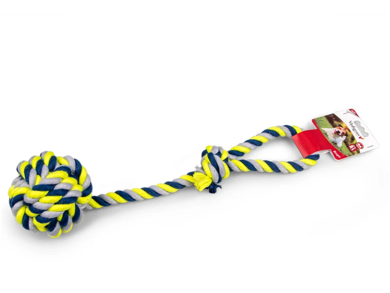 Baumwollschnur + Griff + Kugel Ø 10,5 cm blau-gelb 54 cm