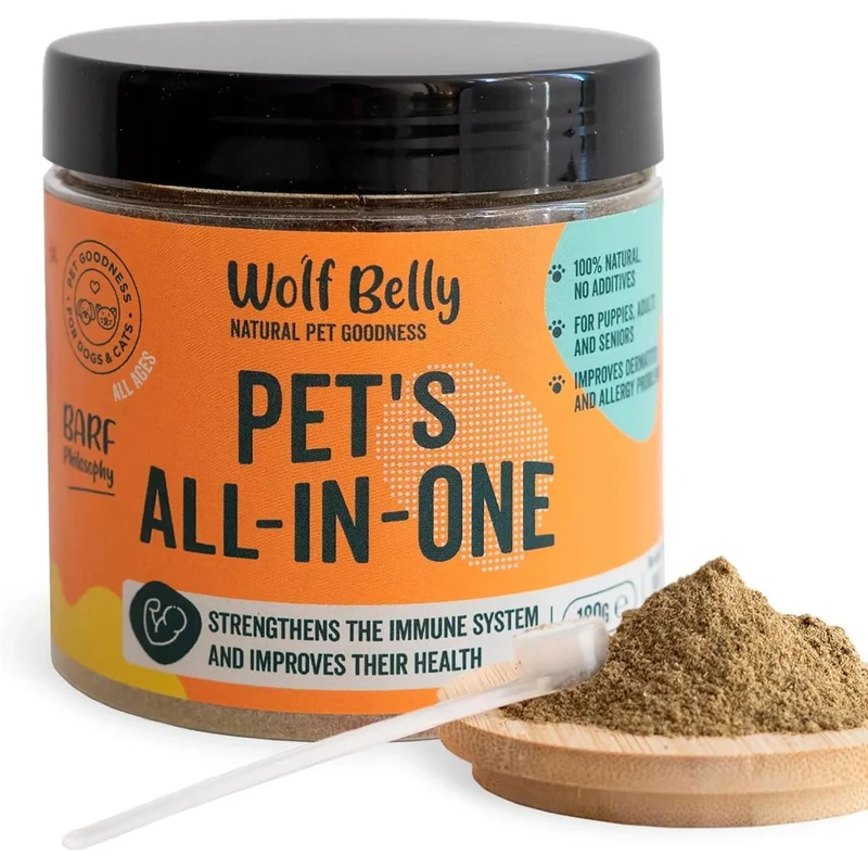 Suplemento para melhorar o bem-estar geral - 180 g - dieta BARF rica em vitaminas, minerais e proteínas para cães e gatos - Melhora o sistema imunitário - 100% natural - Wolf Belly Pets All-in-One