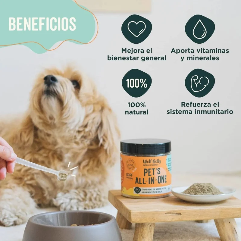 Suplemento para melhorar o bem-estar geral - 180 g - dieta BARF rica em vitaminas, minerais e proteínas para cães e gatos - Melhora o sistema imunitário - 100% natural - Wolf Belly Pets All-in-One
