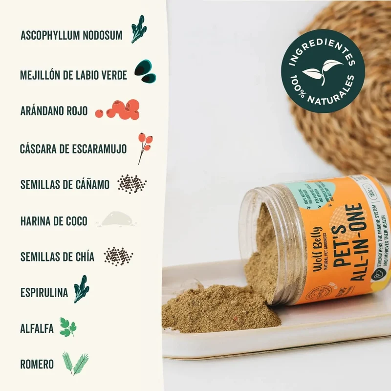 Suplemento para melhorar o bem-estar geral - 180 g - dieta BARF rica em vitaminas, minerais e proteínas para cães e gatos - Melhora o sistema imunitário - 100% natural - Wolf Belly Pets All-in-One