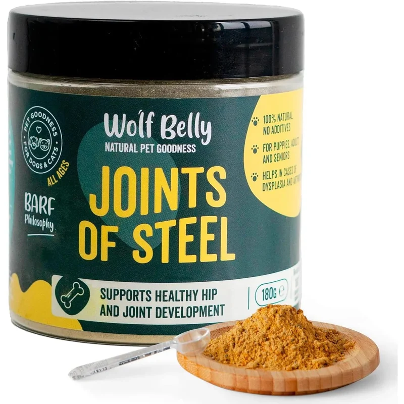 Suplemento condroprotetor e anti-inflamatório - Alivia e evita a dor de articulações de cães e gatos - 100 % natural - Wolf Belly Joints of Steel