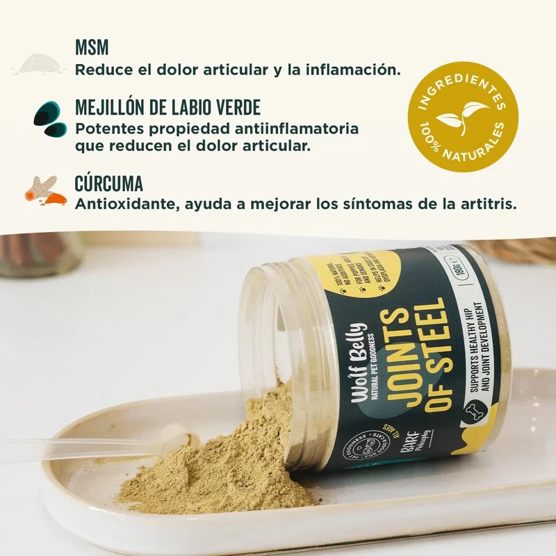 Suplemento condroprotetor e anti-inflamatório - Alivia e evita a dor de articulações de cães e gatos - 100 % natural - Wolf Belly Joints of Steel