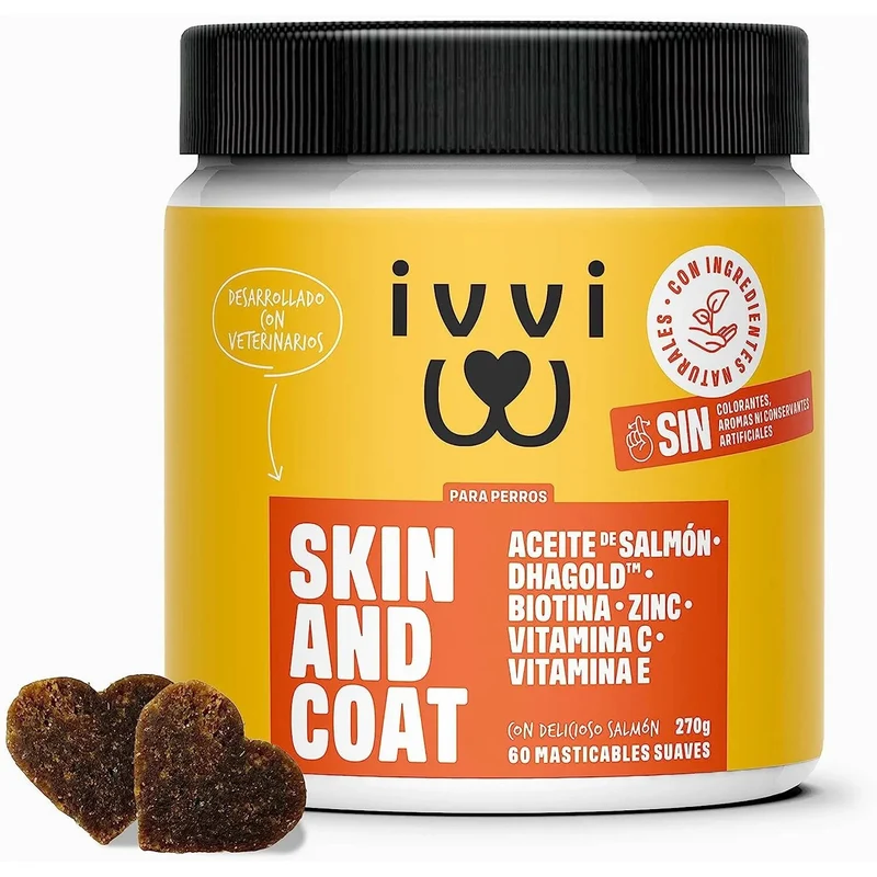 Skin & Coat - Complemento alimentar para cães, anti-picadas, pêlo macio e brilhante - ômega 3, óleo de salmão, DHAgold, vitaminas C, E e zinco - 60 golosinas de salmão