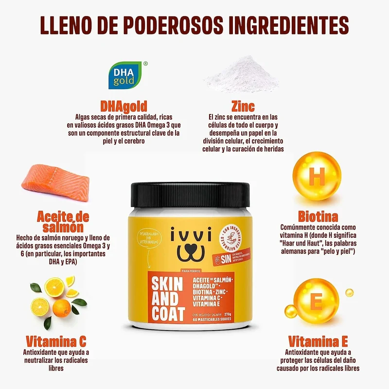 Skin & Coat - Complemento alimentar para cães, anti-picadas, pêlo macio e brilhante - ômega 3, óleo de salmão, DHAgold, vitaminas C, E e zinco - 60 golosinas de salmão