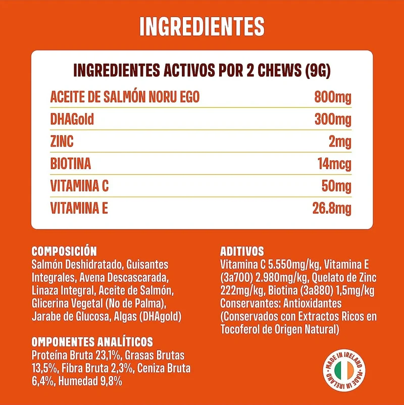 Skin & Coat - Complemento alimentar para cães, anti-picadas, pêlo macio e brilhante - ômega 3, óleo de salmão, DHAgold, vitaminas C, E e zinco - 60 golosinas de salmão
