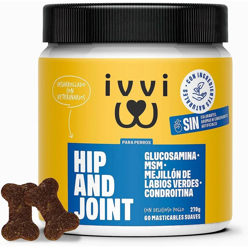 Hip and Joint - Anca e Articulações - Antiartrose - complemento alimentar para cães, altamente concentrado - MSM, mexilhão de lábios verde, glucosamina - 60 golosinas de frango, 270 g