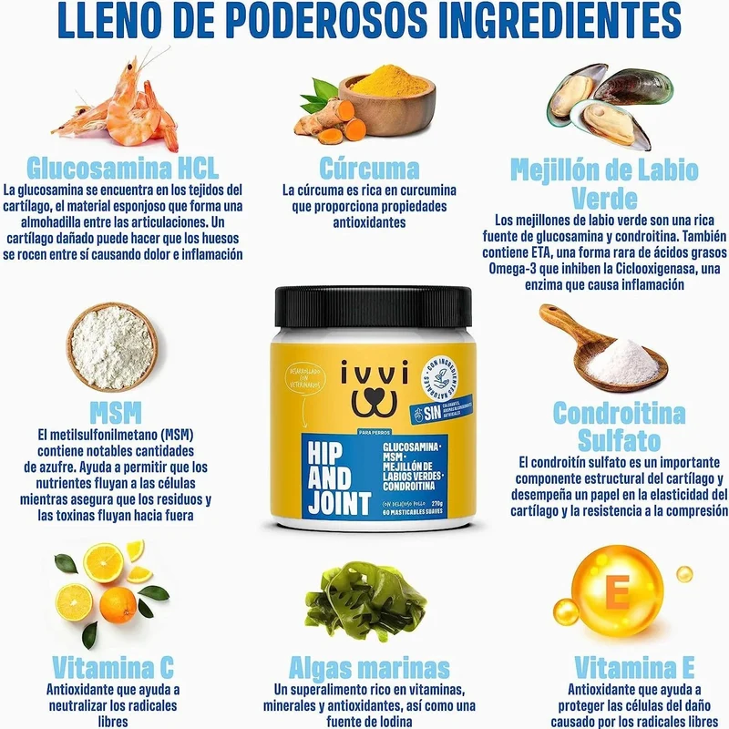 Hip and Joint - Anca e Articulações - Antiartrose - complemento alimentar para cães, altamente concentrado - MSM, mexilhão de lábios verde, glucosamina - 60 golosinas de frango, 270 g
