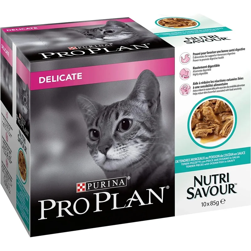 Purina Pro Plan Comida húmida para gato adulto com digestão sensível pacote sortido, 4 embalagens de 10 saquetas de 85 g = 40 Saquetas = 3,4 Quilos