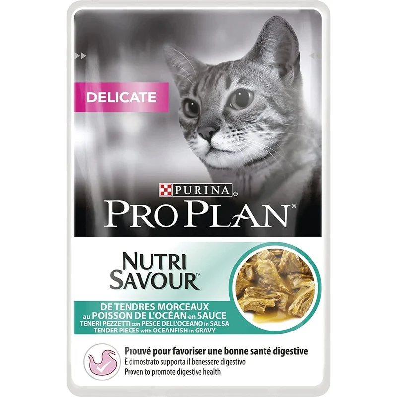Purina Pro Plan Comida húmida para gato adulto com digestão sensível pacote sortido, 4 embalagens de 10 saquetas de 85 g = 40 Saquetas = 3,4 Quilos