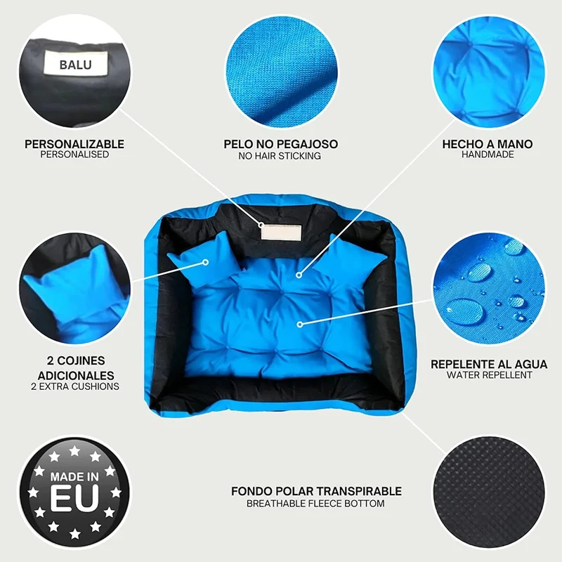CAMA PERSONALIZÁVEL para cães grandes e médios, 3 côres disponíveis, lavável e anti-mordidas, com 2 almofadas