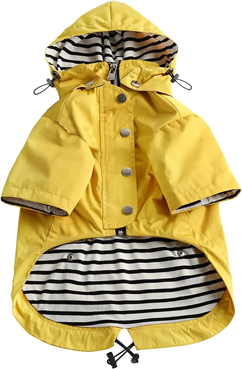 Capa de chuva para cães com fecho de correr e botões refletores, resistente ao vento e à chuva, cordão ajustável, capuz removível