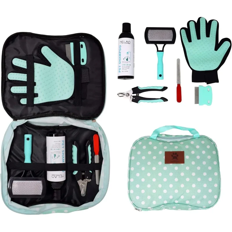 Kit 5 em 1 de limpeza para Cães e Gatos, com Champô, Luva, Escova de dupla face, Lima e Corta-unhas