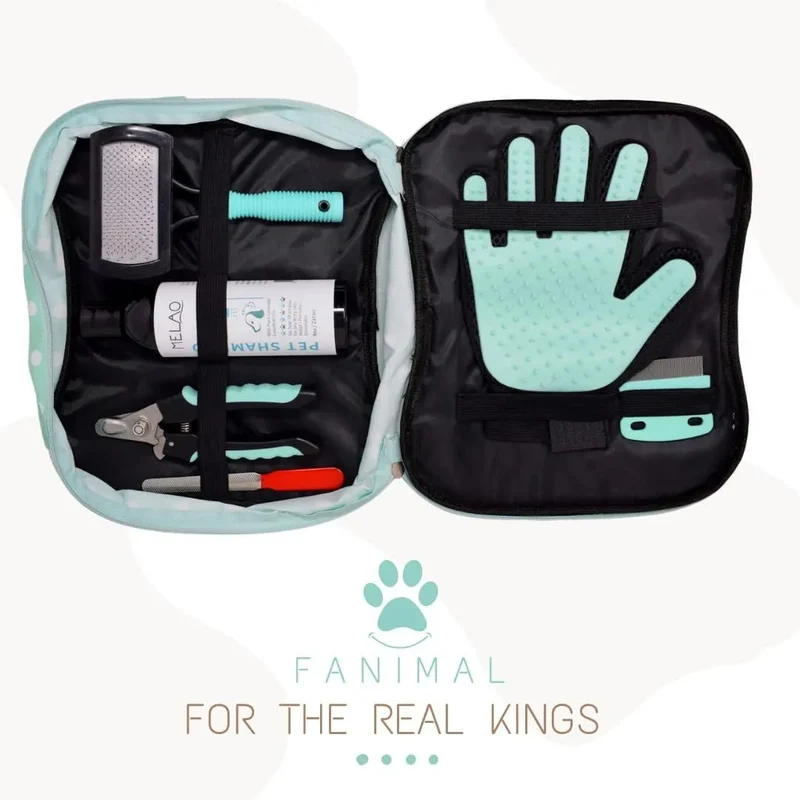 Kit 5 em 1 de limpeza para Cães e Gatos, com Champô, Luva, Escova de dupla face, Lima e Corta-unhas
