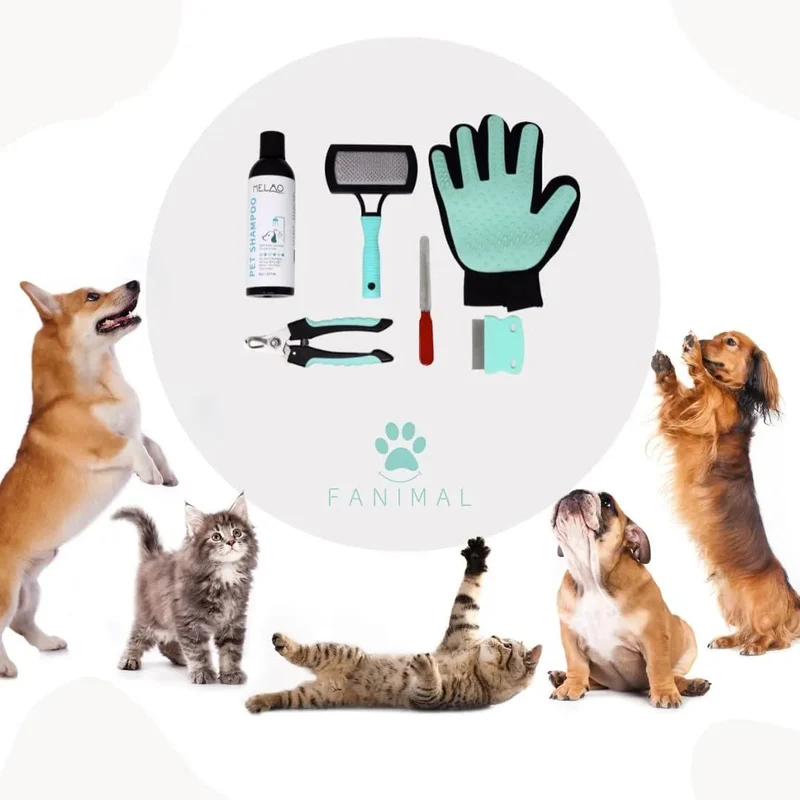 Kit 5 em 1 de limpeza para Cães e Gatos, com Champô, Luva, Escova de dupla face, Lima e Corta-unhas