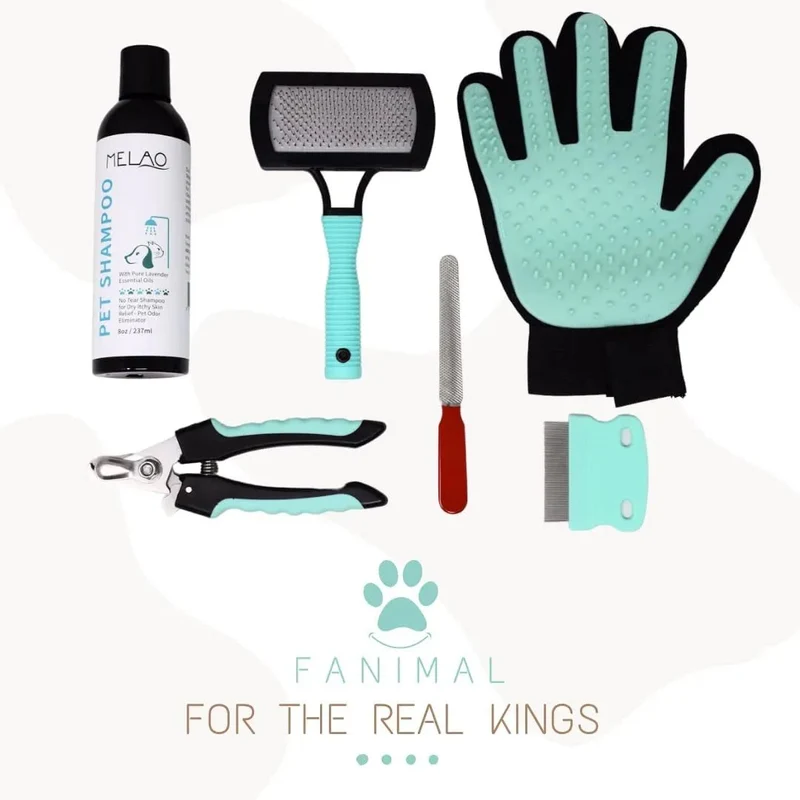Kit 5 em 1 de limpeza para Cães e Gatos, com Champô, Luva, Escova de dupla face, Lima e Corta-unhas