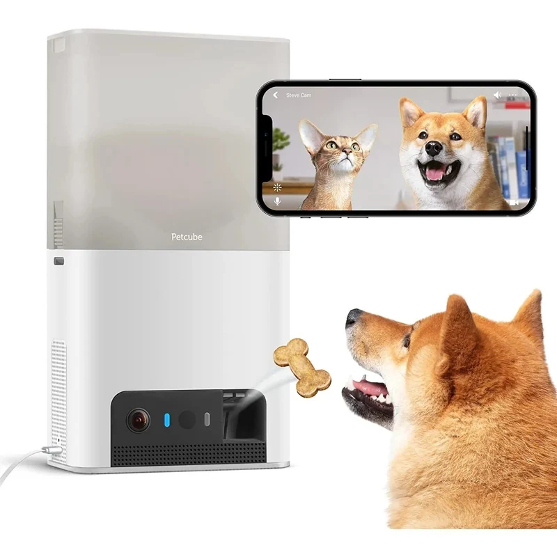 Câmara interativa de monitorização de animais de estimação, com aplicação móvel e dispensador de alimentos, alertas de som e movimento