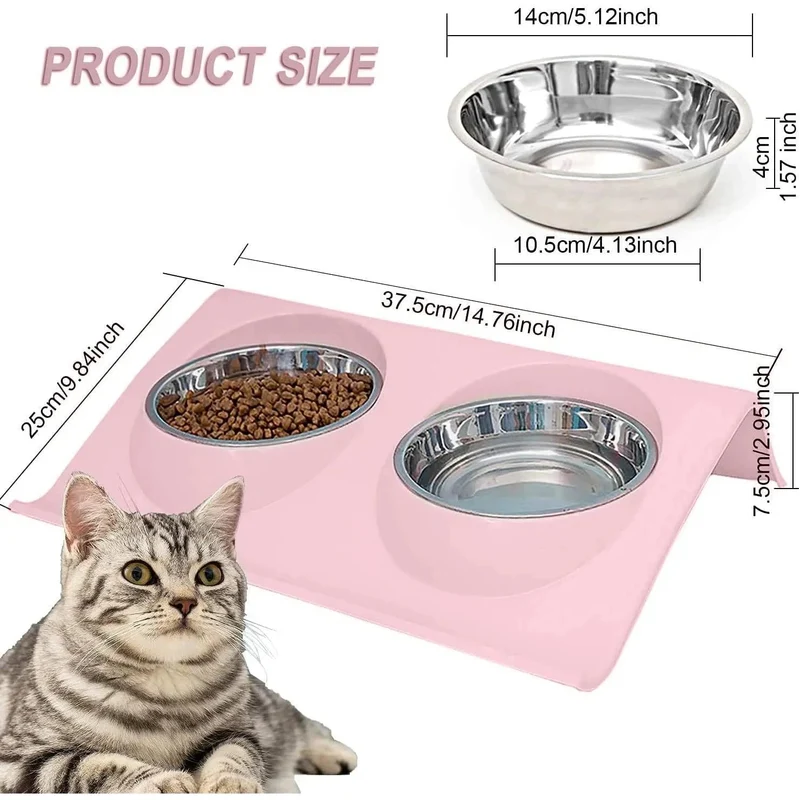 Comedouro / Bebedouro Duplo para Gato ou Cão, em Aço Inoxidável, Base Antiderrapante
