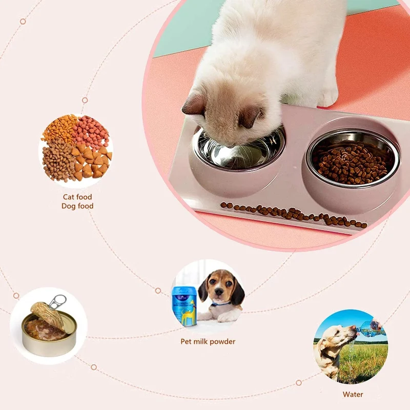 Comedouro / Bebedouro Duplo para Gato ou Cão, em Aço Inoxidável, Base Antiderrapante