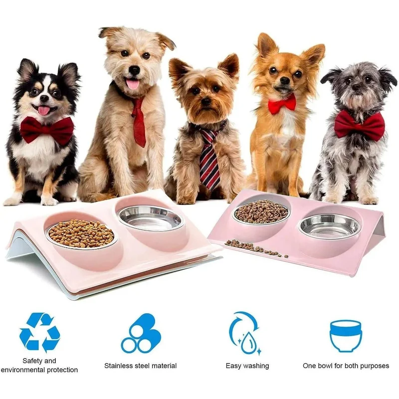 Comedouro / Bebedouro Duplo para Gato ou Cão, em Aço Inoxidável, Base Antiderrapante