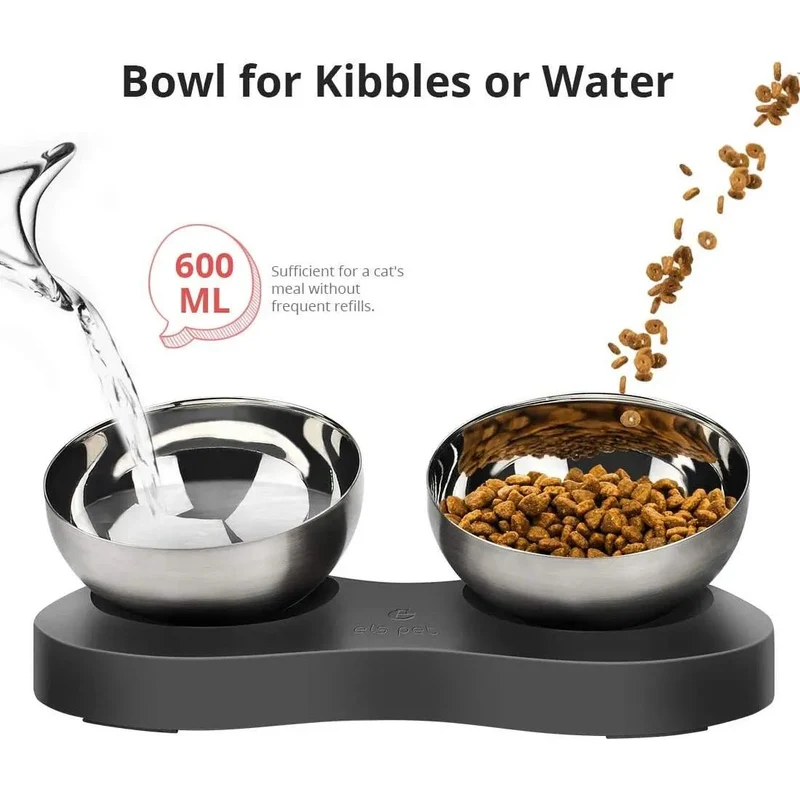 Comedouro / Bebedouro Duplo para Gatos ou Cães em Aço Inoxidável, Ângulo Ajustável, Base Antiderrapante (600 ml x 2)