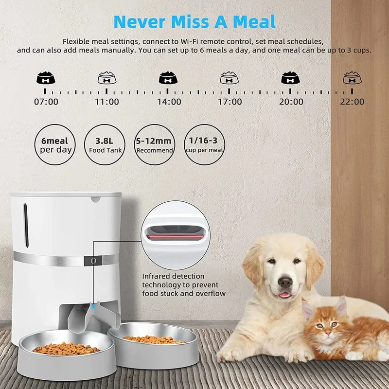 Comedouro Automático para Gatos e Cães, 4 Litros, Controlo Remoto por App, Programável