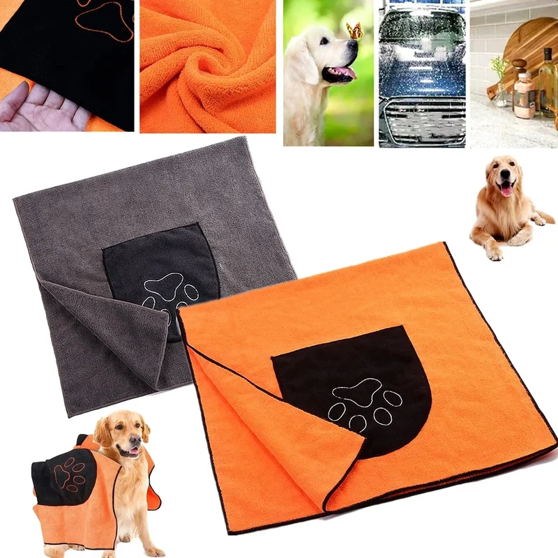 Toalha de Banho para Patudos (Cães e Gatos) em Microfibra, Ultra Absorvente, com bolsos, Lavável na Máquina - ❤️ COMPRE 1 LEVE 2 ✅