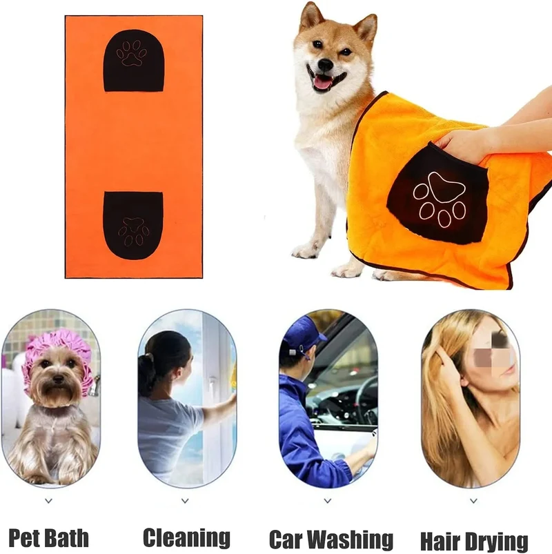 Toalha de Banho para Patudos (Cães e Gatos) em Microfibra, Ultra Absorvente, com bolsos, Lavável na Máquina - ❤️ COMPRE 1 LEVE 2 ✅
