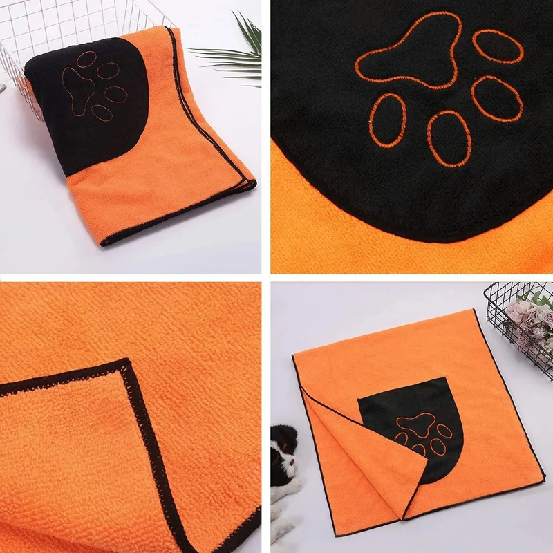 Toalha de Banho para Patudos (Cães e Gatos) em Microfibra, Ultra Absorvente, com bolsos, Lavável na Máquina - ❤️ COMPRE 1 LEVE 2 ✅