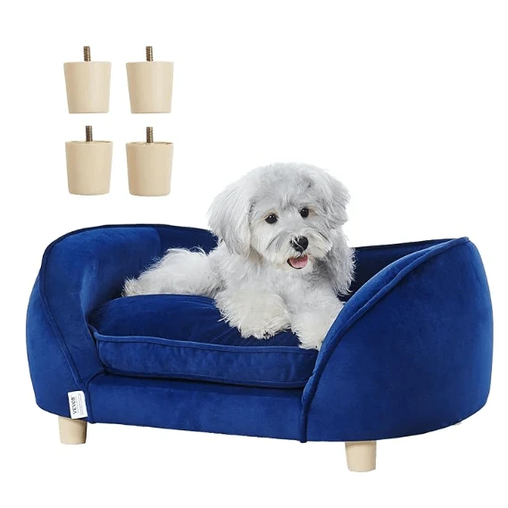 Sofá Cama de Luxo, para Cães pequenos e Gatos, estofado em veludo, Base de metal e bordas elevadas, 63,5 x 43 x 24,5 cm, Azul